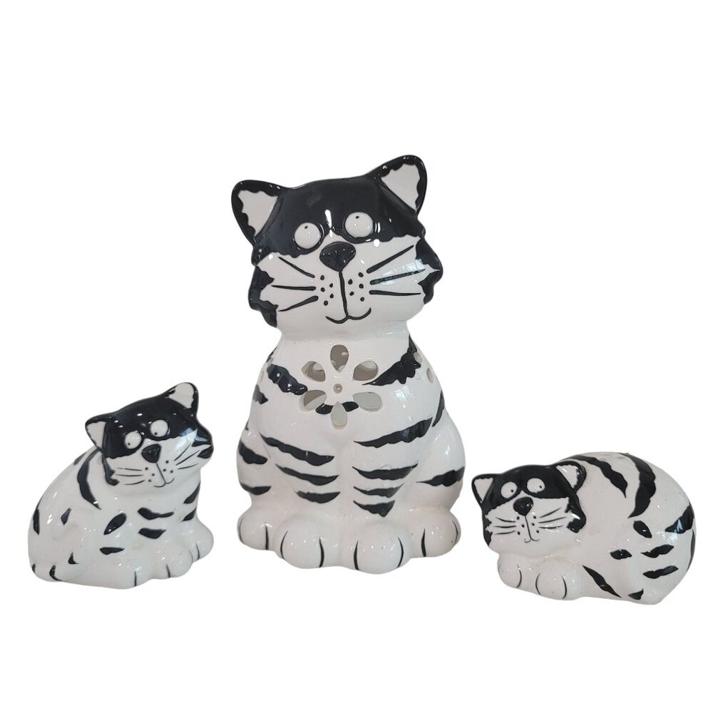 Set Of 3 Hand-Painted Ceramic Black & White Cat salt and pepper shaker/ caddy